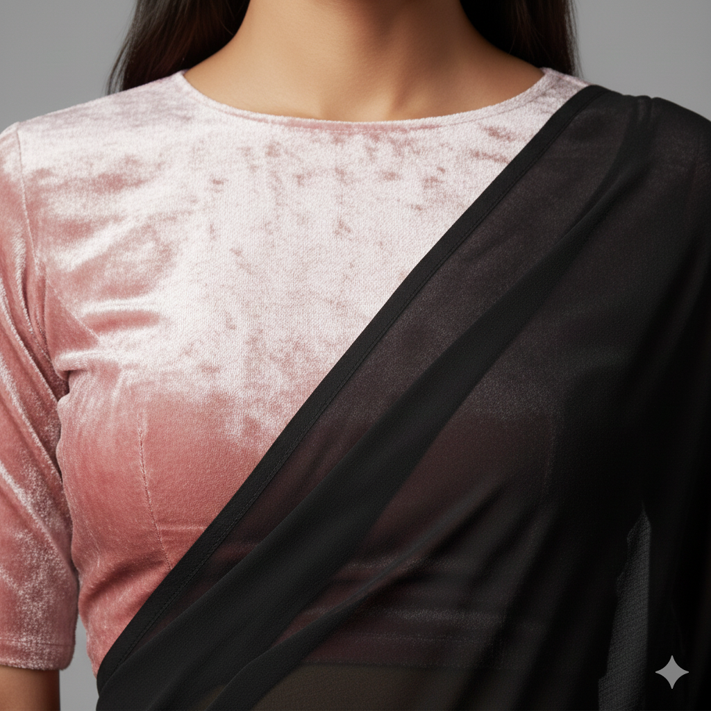 Black georgette saree paired with baby pink velvet blouse in elegant contrast style