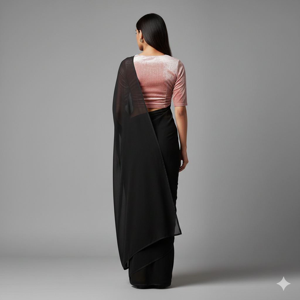 Black georgette saree paired with baby pink velvet blouse in elegant contrast style