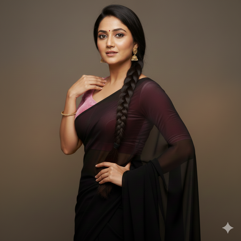 Black georgette saree paired with baby pink velvet blouse in elegant contrast style
