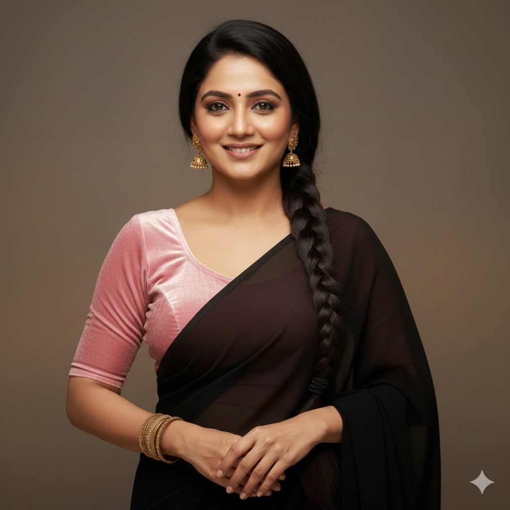 Black georgette saree paired with baby pink velvet blouse in elegant contrast style