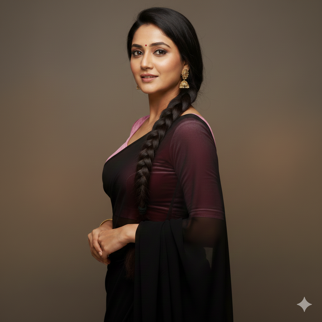 Black georgette saree paired with baby pink velvet blouse in elegant contrast style