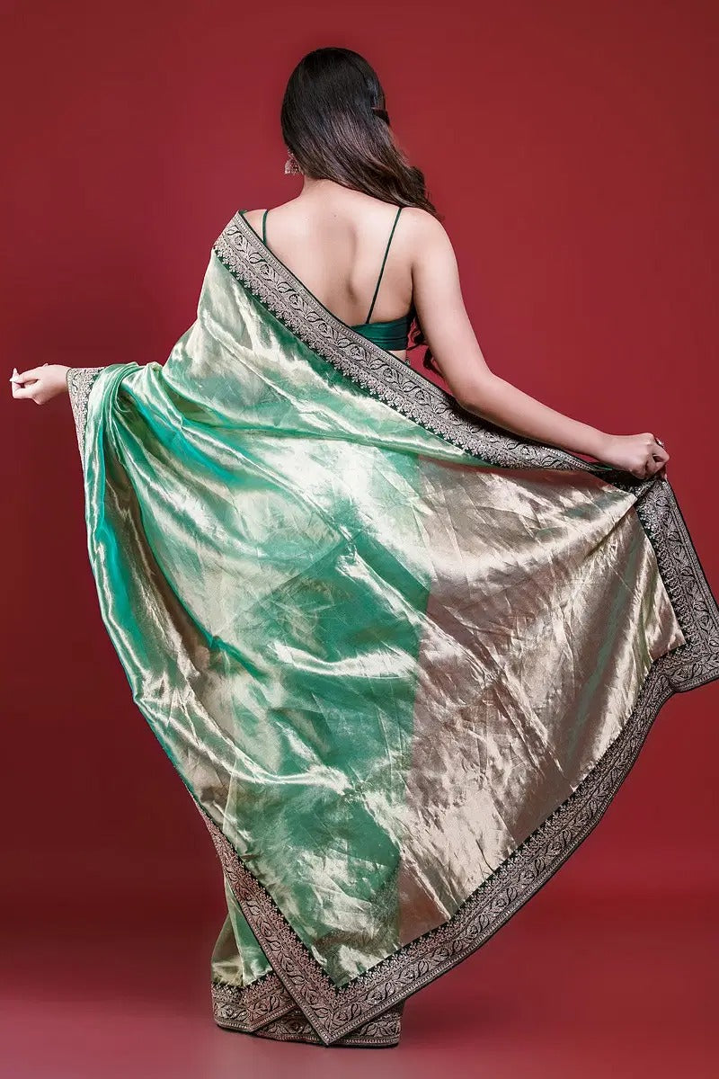 royal tissue silk saree with jari dori sequins embroidered lace border