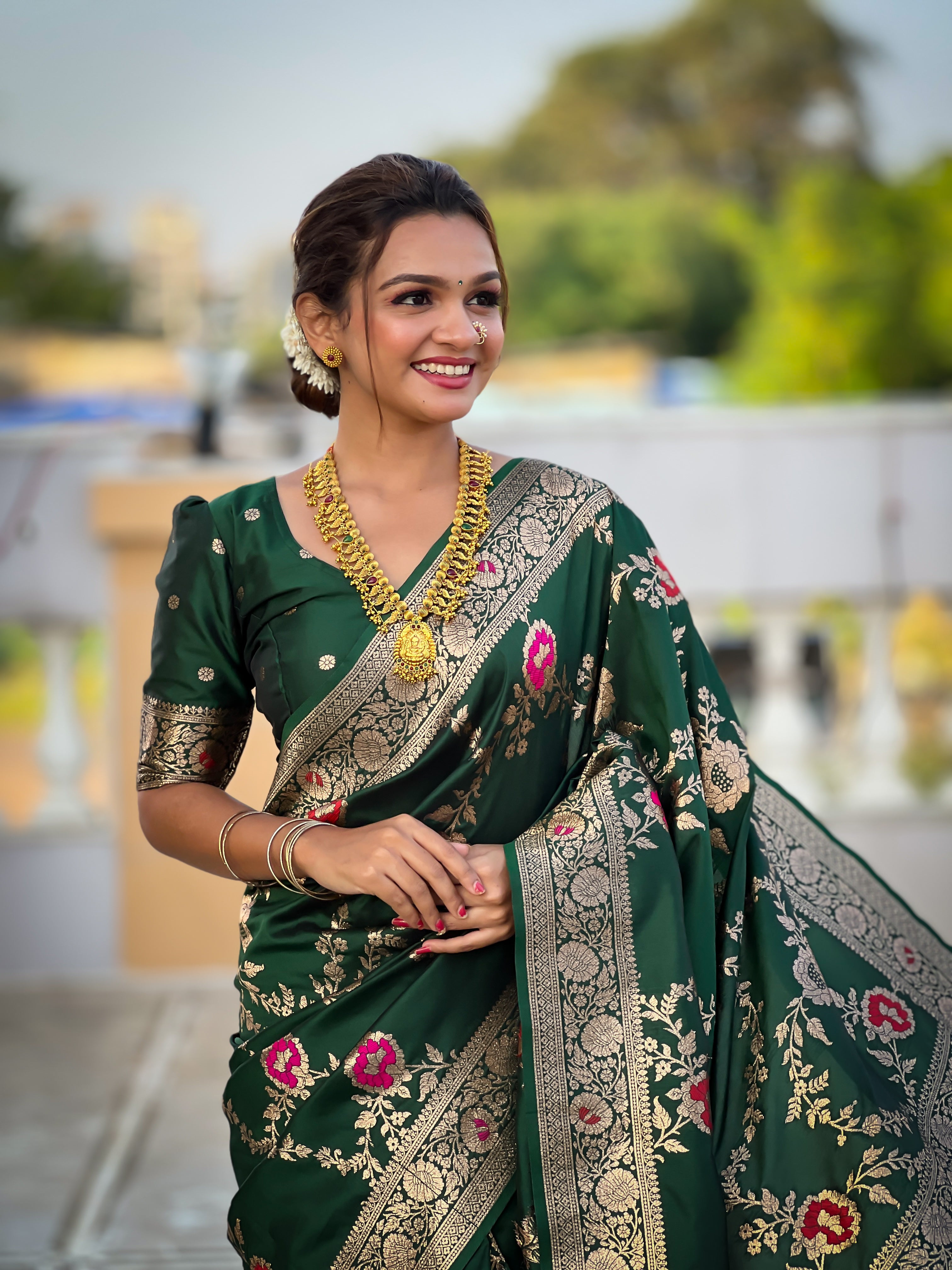 soft banarasi silk saree with meenakari weaving and zari work