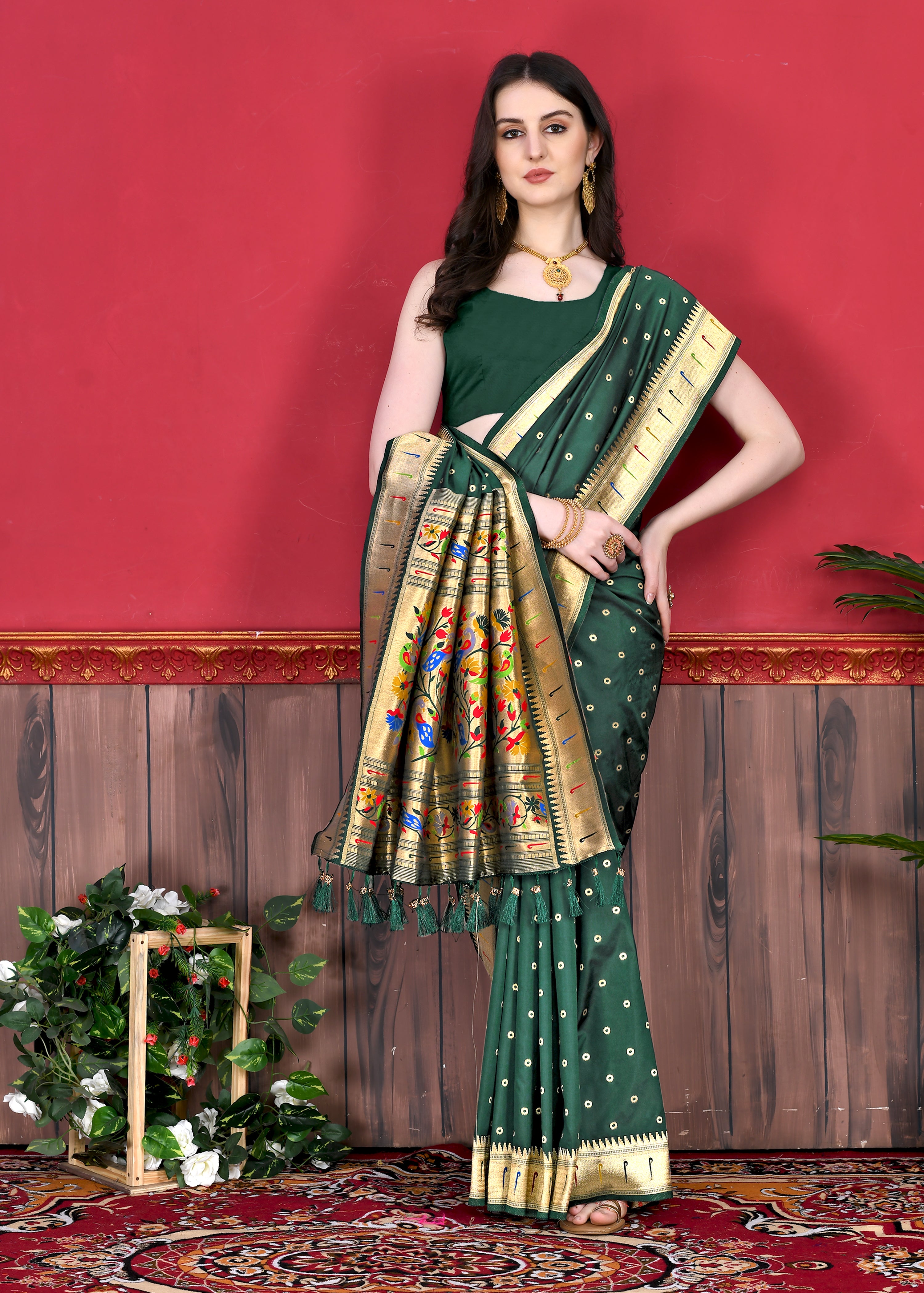 Model wearing B Green Soft Paithani Silk Saree with gold zari Meenakari border and rich pallu for wedding