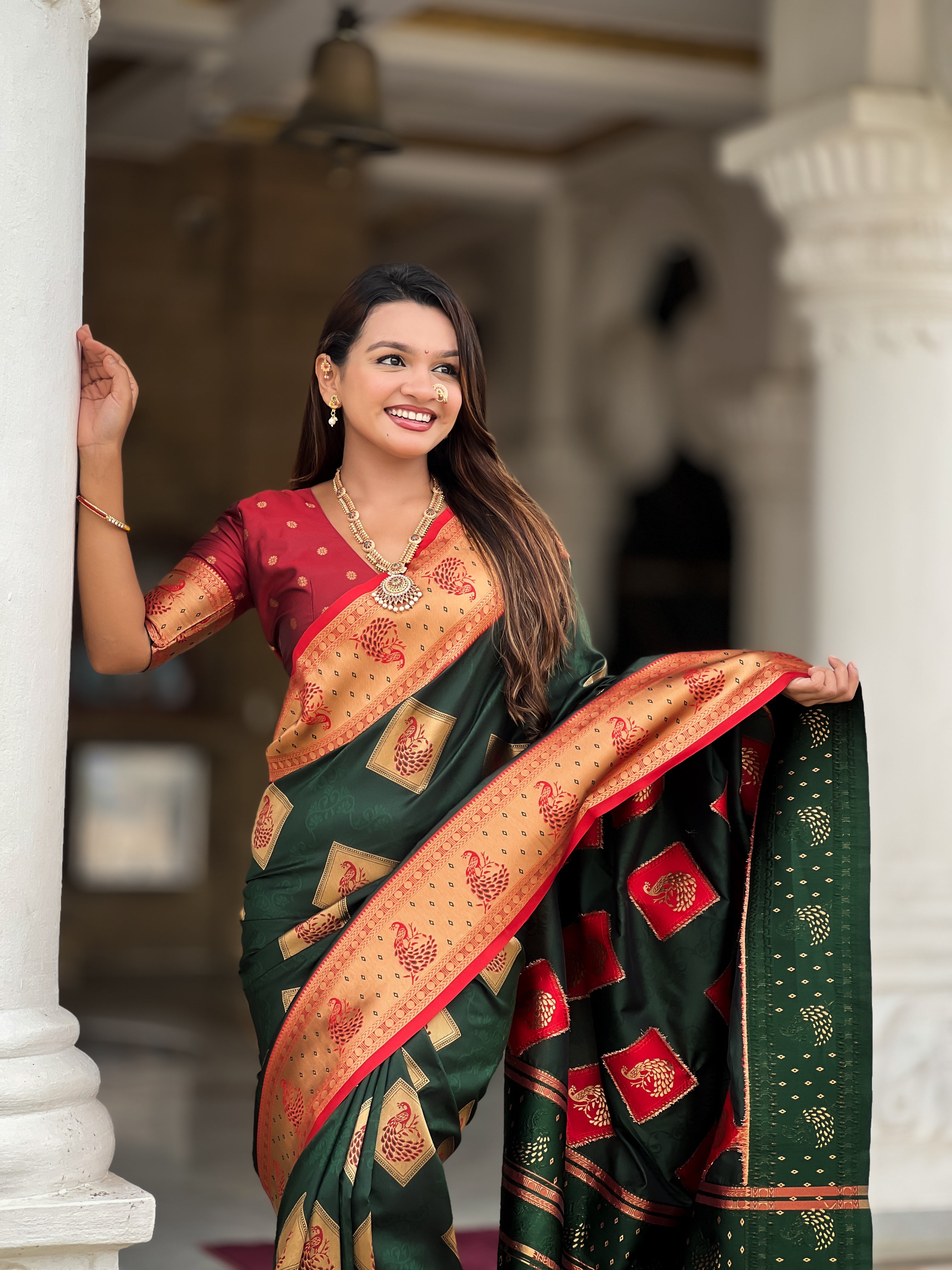 Soft Banarasi silk saree with zari weaving and Meenakari design and contrast woven pallu by Weave