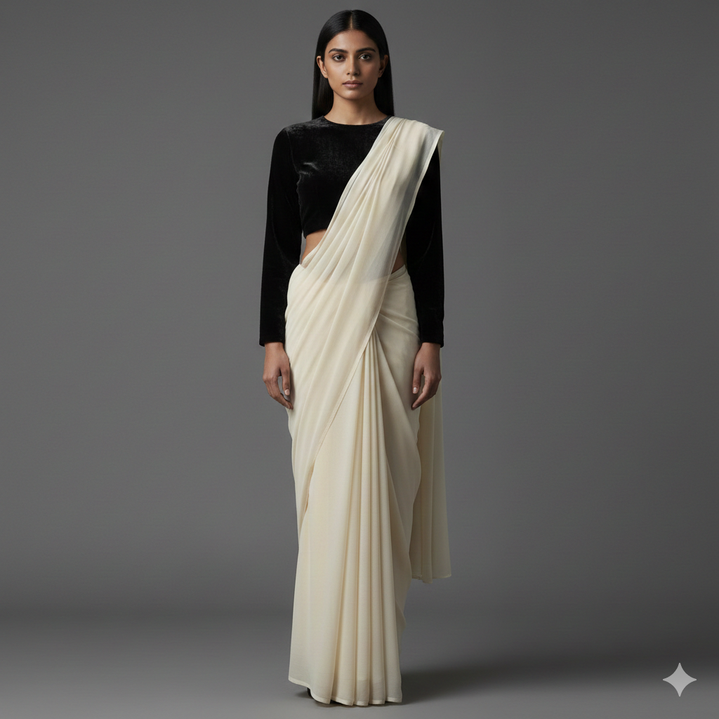 Cream georgette saree styled with black velvet blouse for elegant contrast look