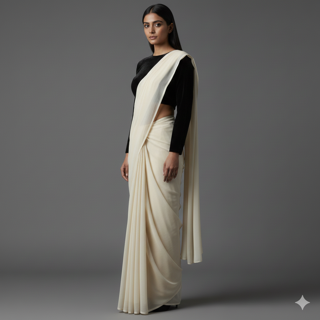 Cream georgette saree styled with black velvet blouse for elegant contrast look