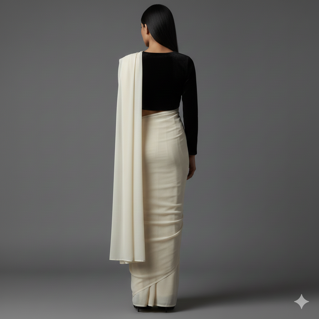 Cream georgette saree styled with black velvet blouse for elegant contrast look