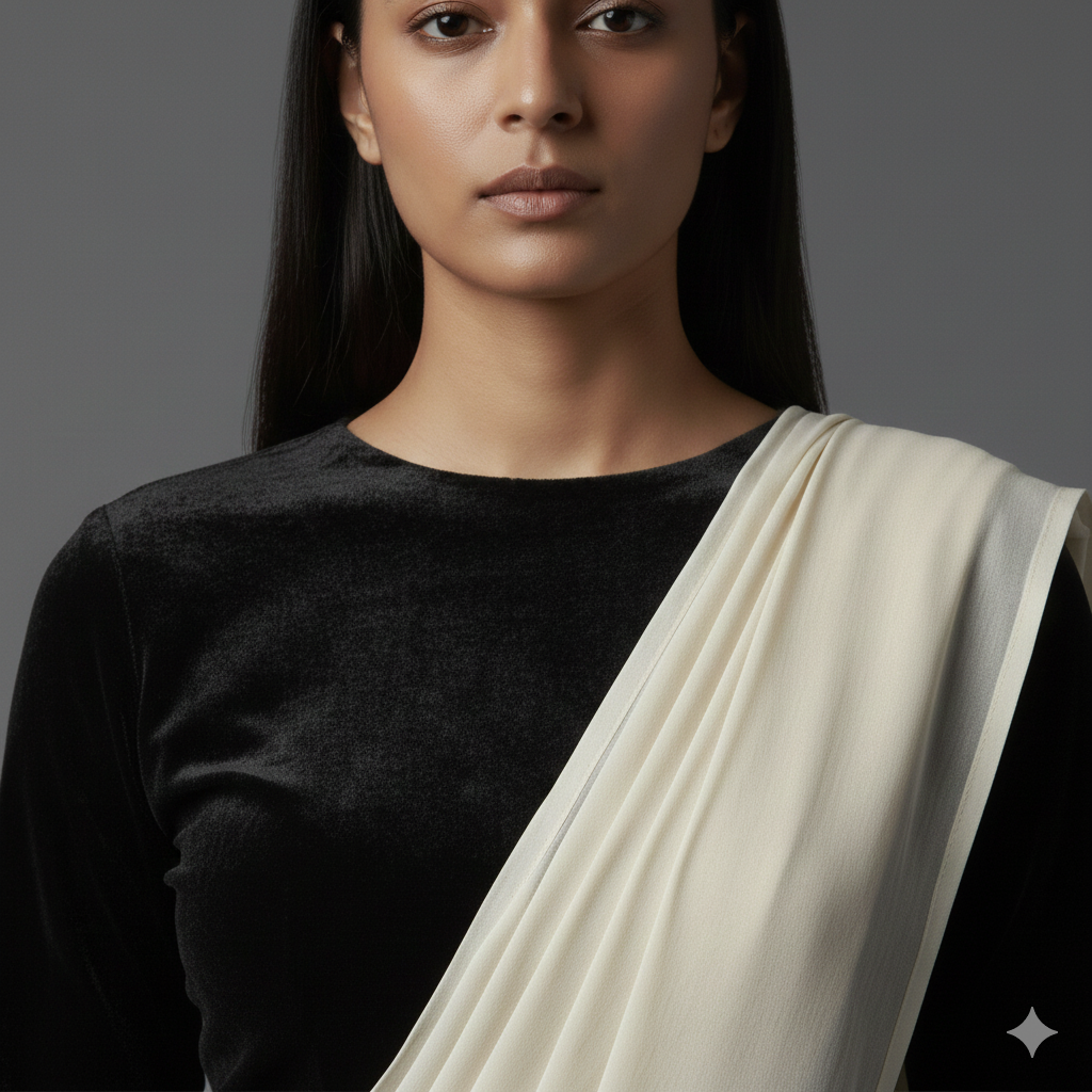Cream georgette saree styled with black velvet blouse for elegant contrast look