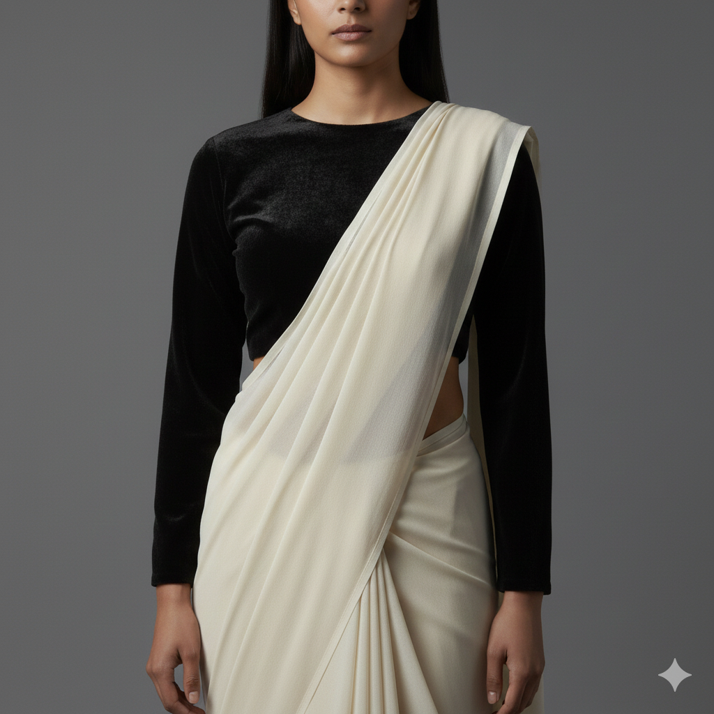 Cream georgette saree styled with black velvet blouse for elegant contrast look