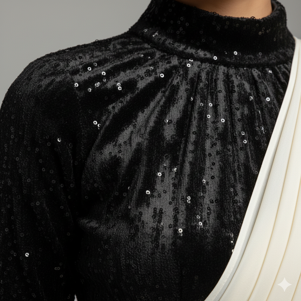 Cream georgette saree paired with black sparkle velvet blouse for elegant contrast look