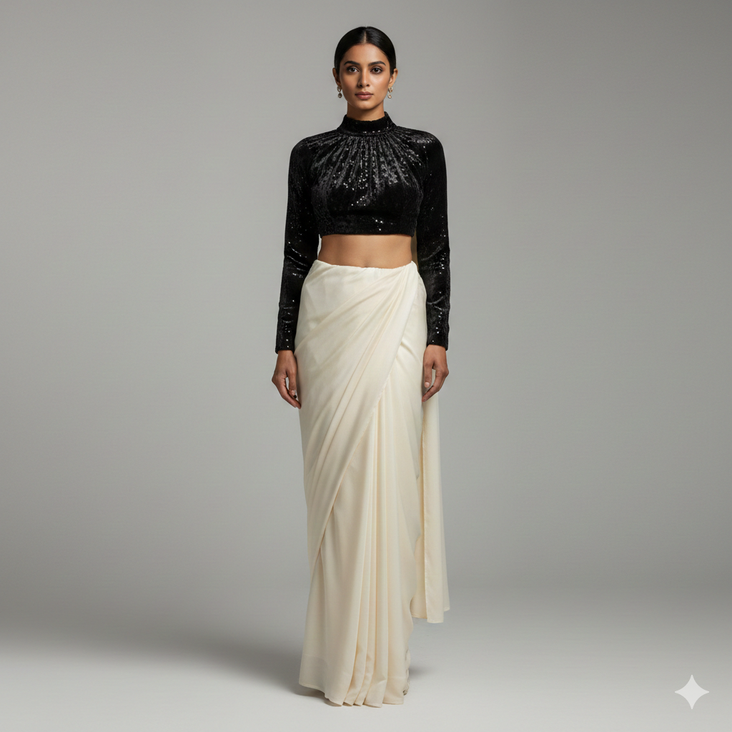 Cream georgette saree paired with black sparkle velvet blouse for elegant contrast look