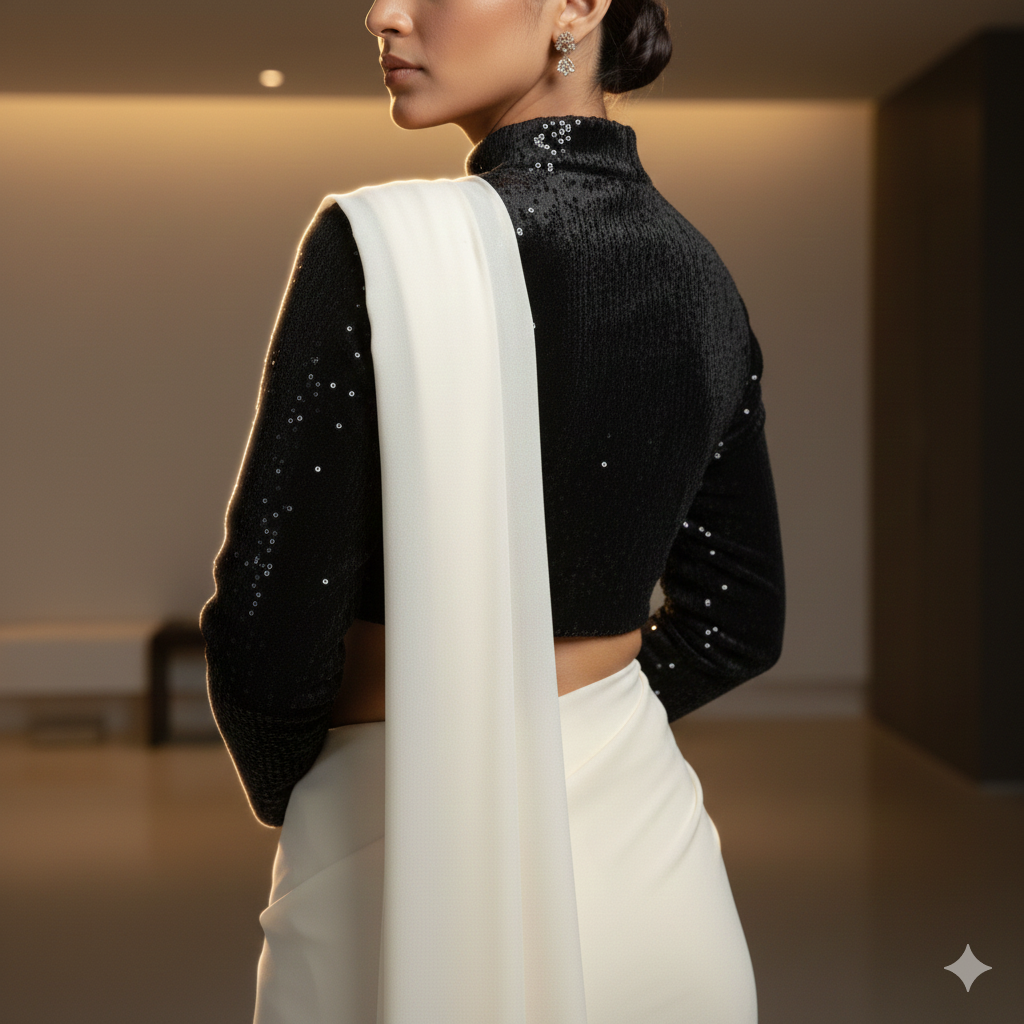 Cream georgette saree paired with black sparkle velvet blouse for elegant contrast look