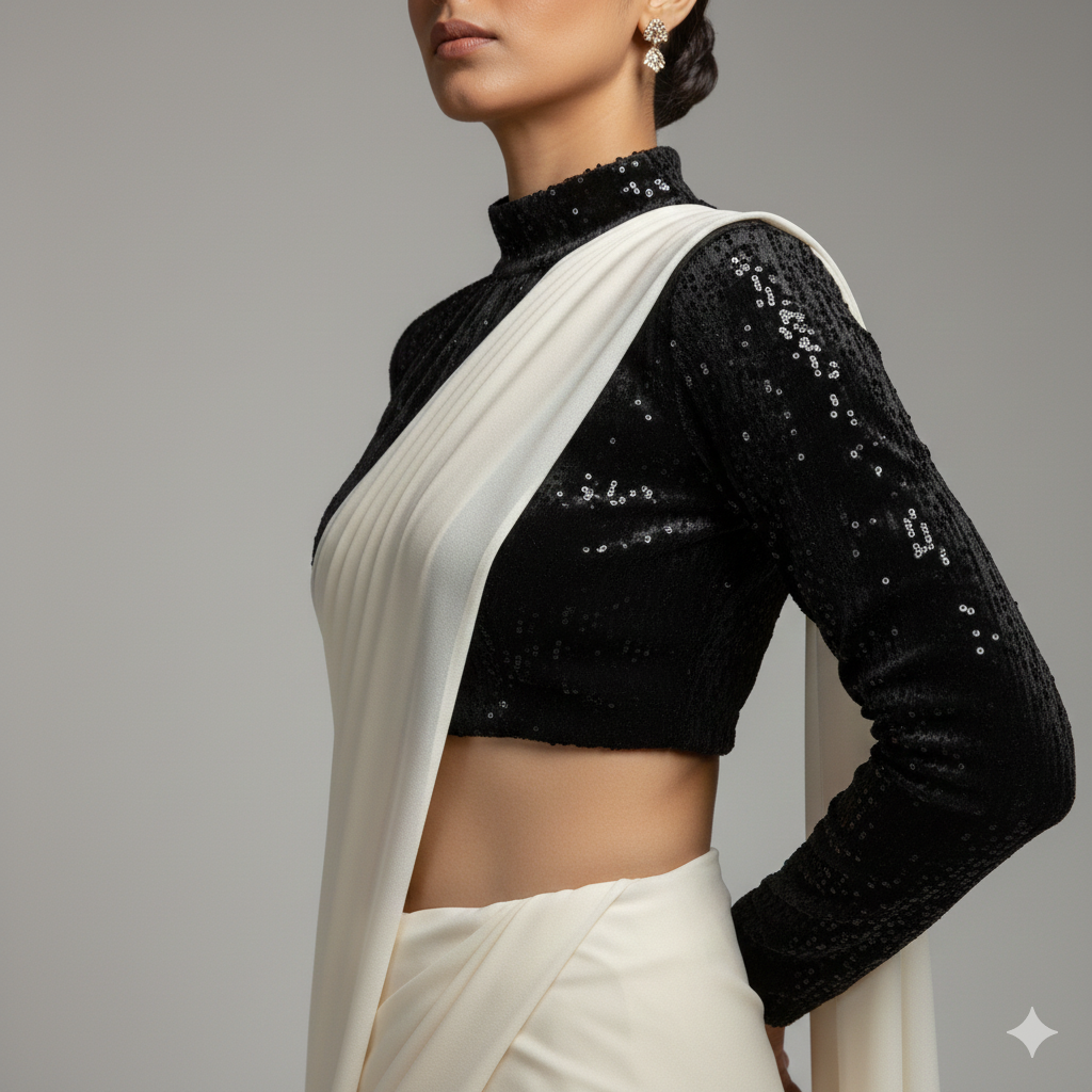 Cream georgette saree paired with black sparkle velvet blouse for elegant contrast look