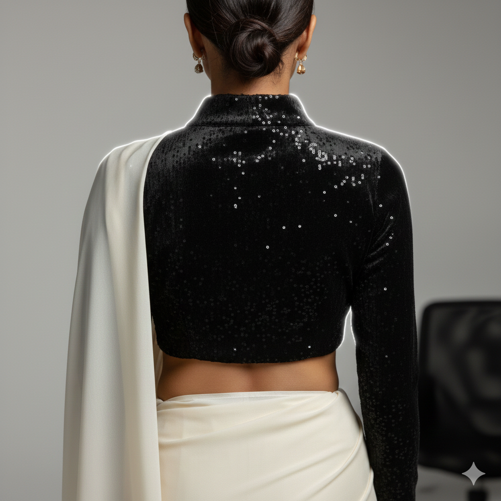 Cream georgette saree paired with black sparkle velvet blouse for elegant contrast look