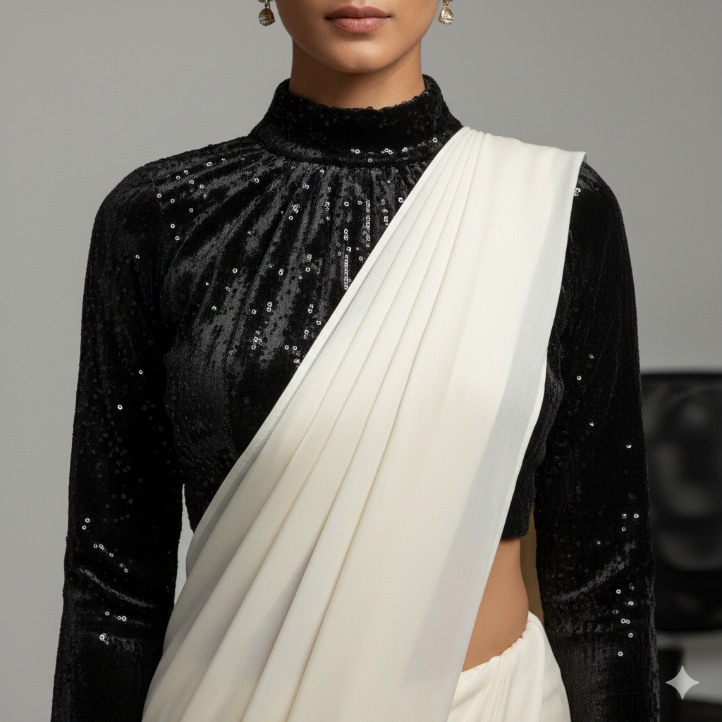 Cream georgette saree paired with black sparkle velvet blouse for elegant contrast look