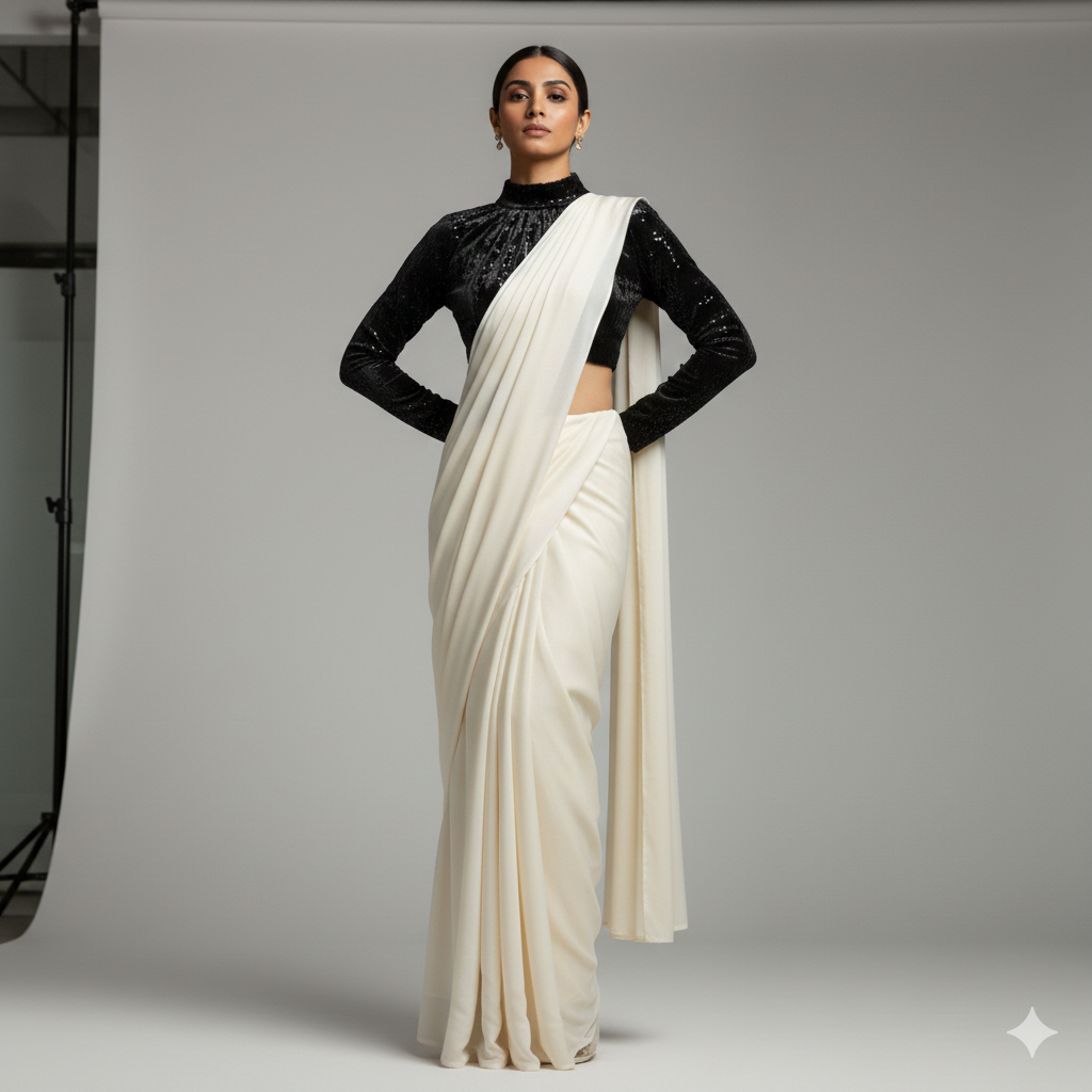 Cream georgette saree paired with black sparkle velvet blouse for elegant contrast look