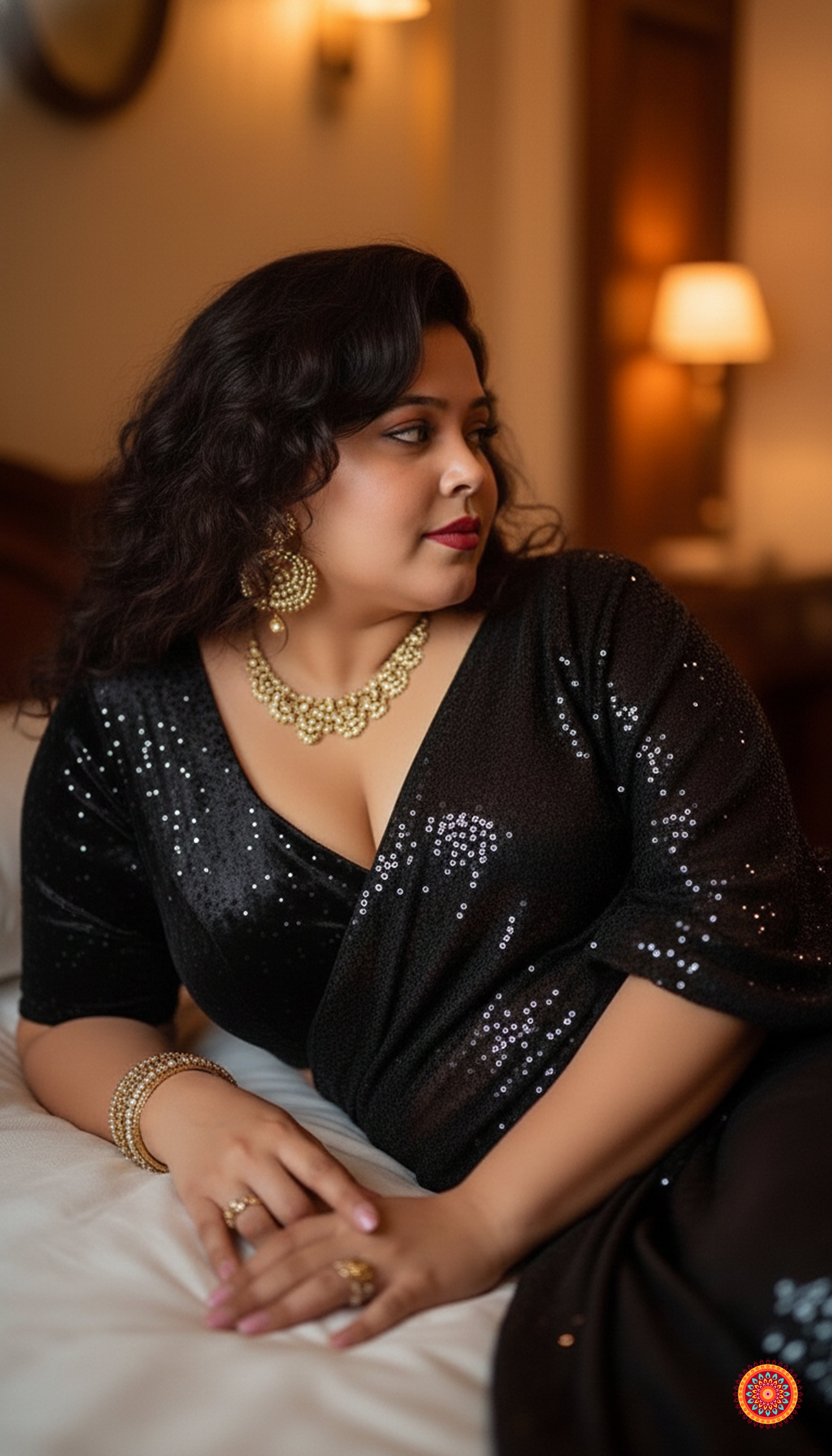 Black sparkle georgette saree paired with black sparkle velvet blouse for party wear look