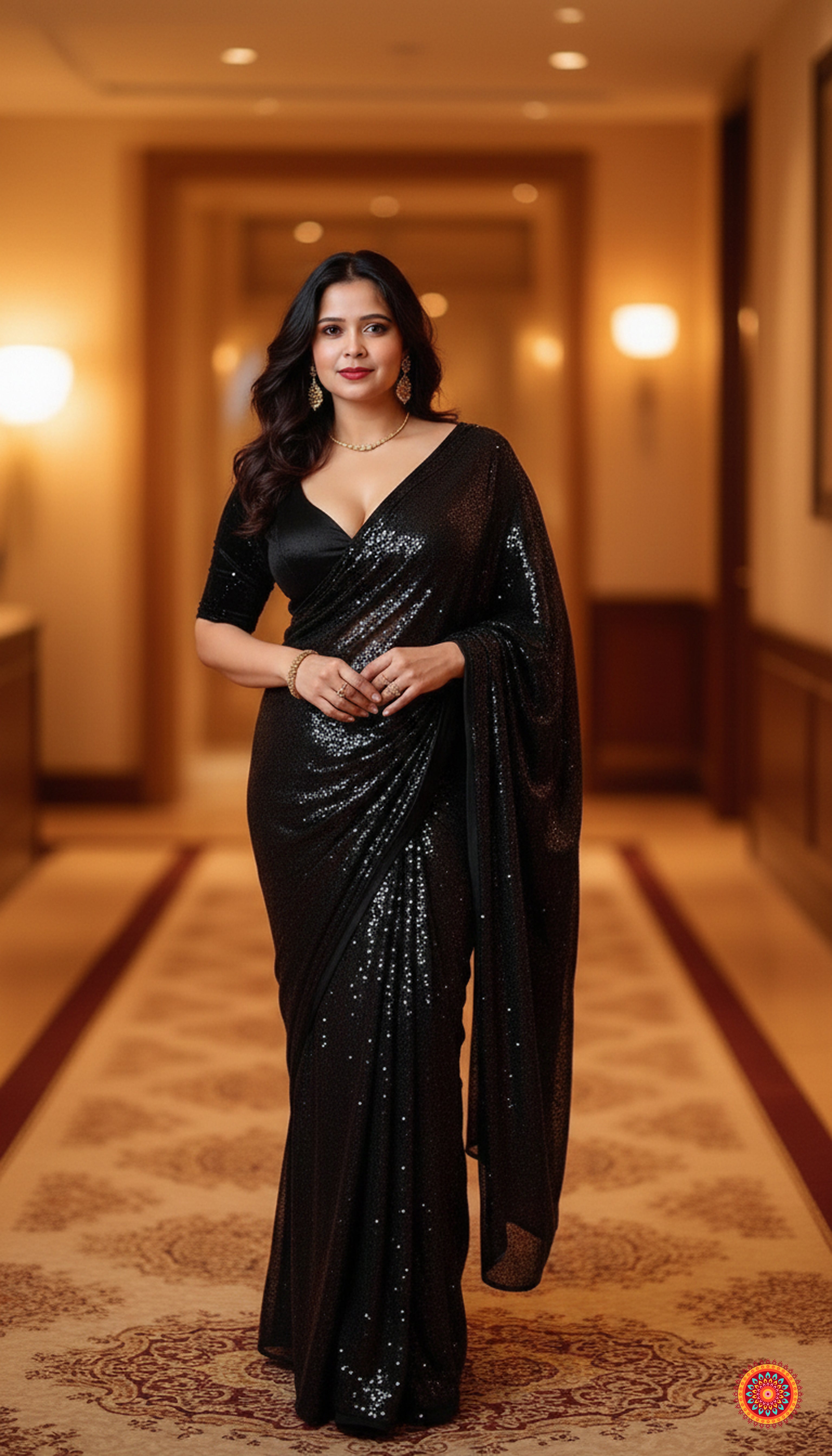 Black sparkle georgette saree paired with black sparkle velvet blouse for party wear look