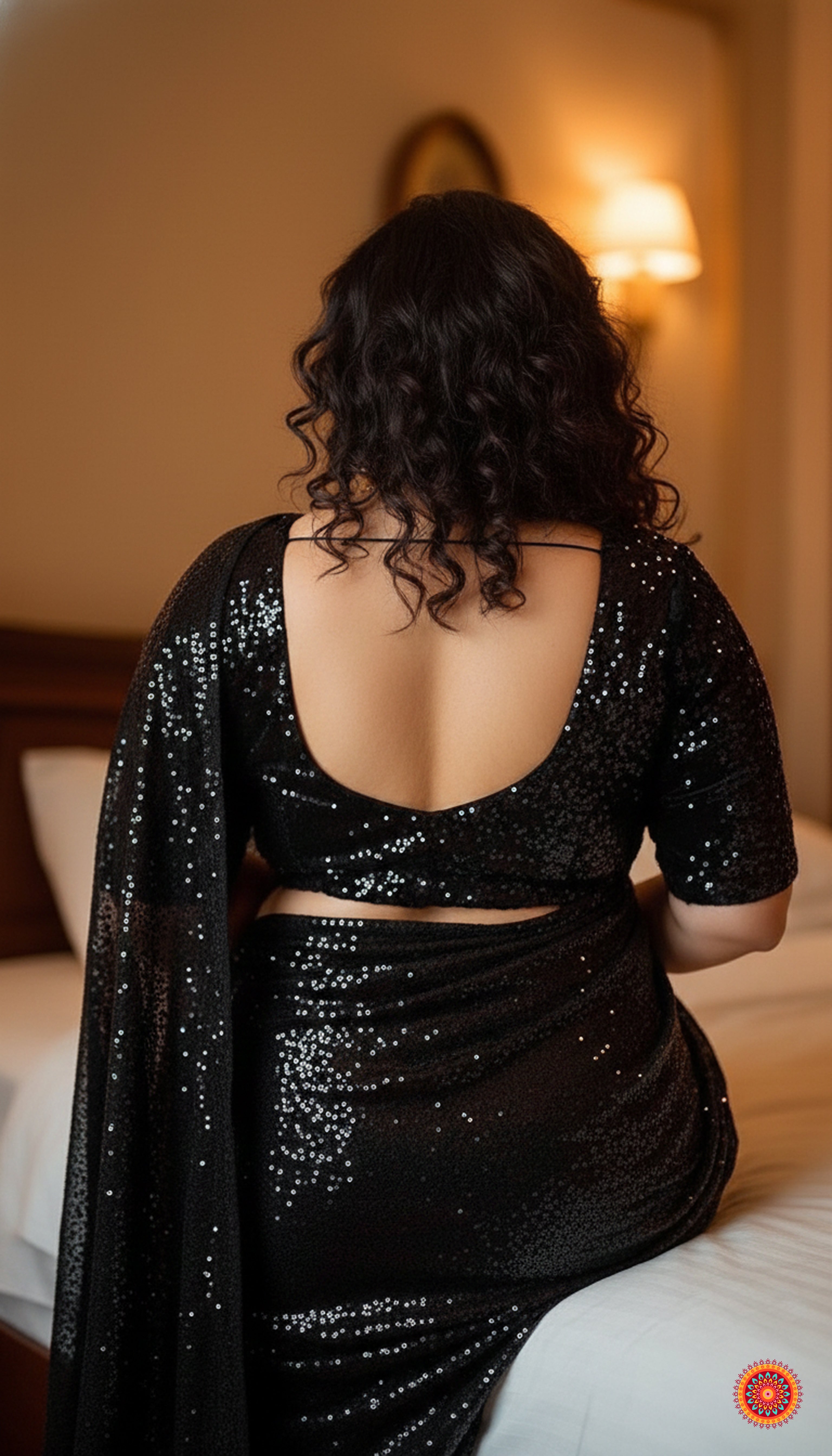 Black sparkle georgette saree paired with black sparkle velvet blouse for party wear look