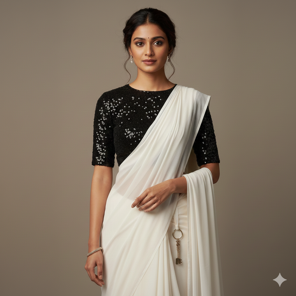 White georgette saree paired with black sparkle velvet blouse for elegant monochrome look