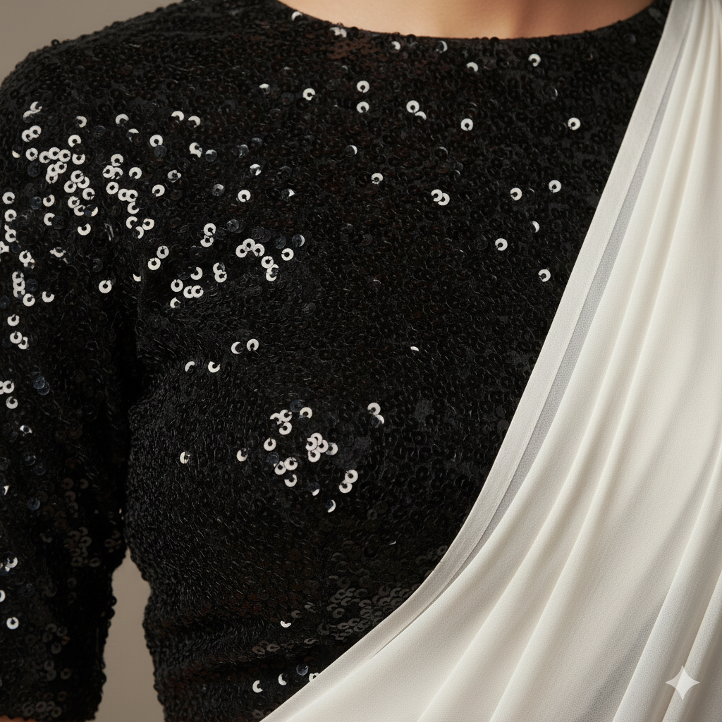 White georgette saree paired with black sparkle velvet blouse for elegant monochrome look