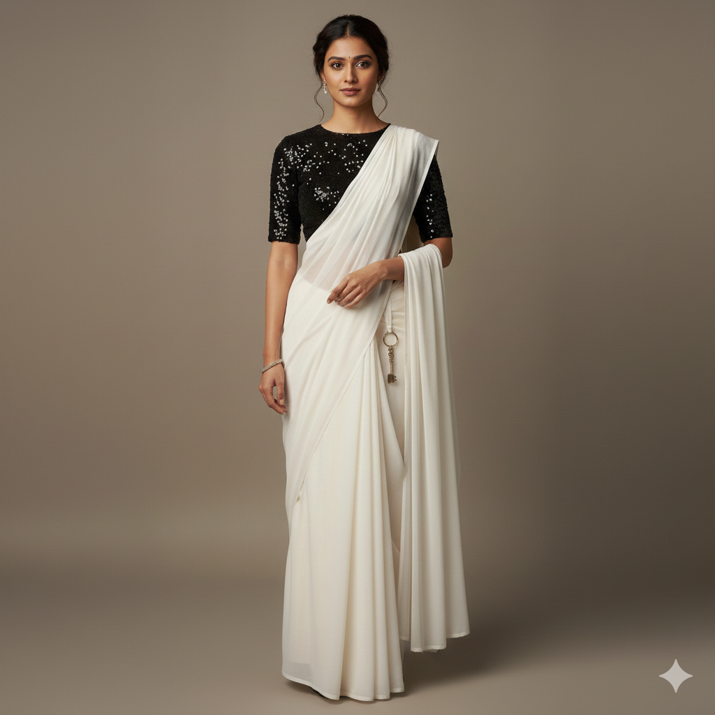 White georgette saree paired with black sparkle velvet blouse for elegant monochrome look