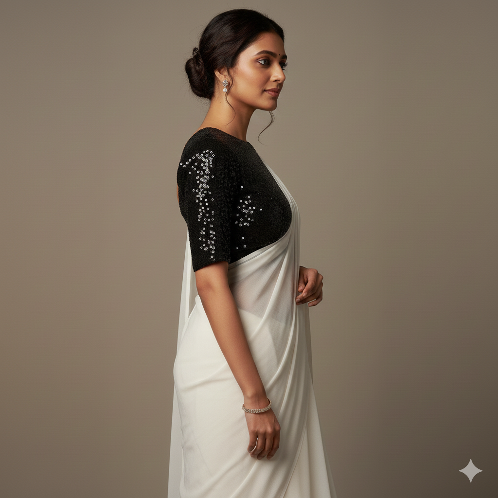 White georgette saree paired with black sparkle velvet blouse for elegant monochrome look