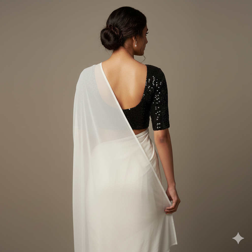 White georgette saree paired with black sparkle velvet blouse for elegant monochrome look