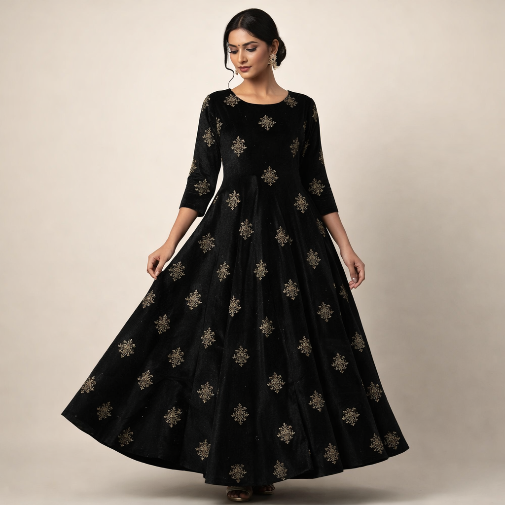 Black Kite Embroidery Velvet Fabric – Designer Work | 1 Meter