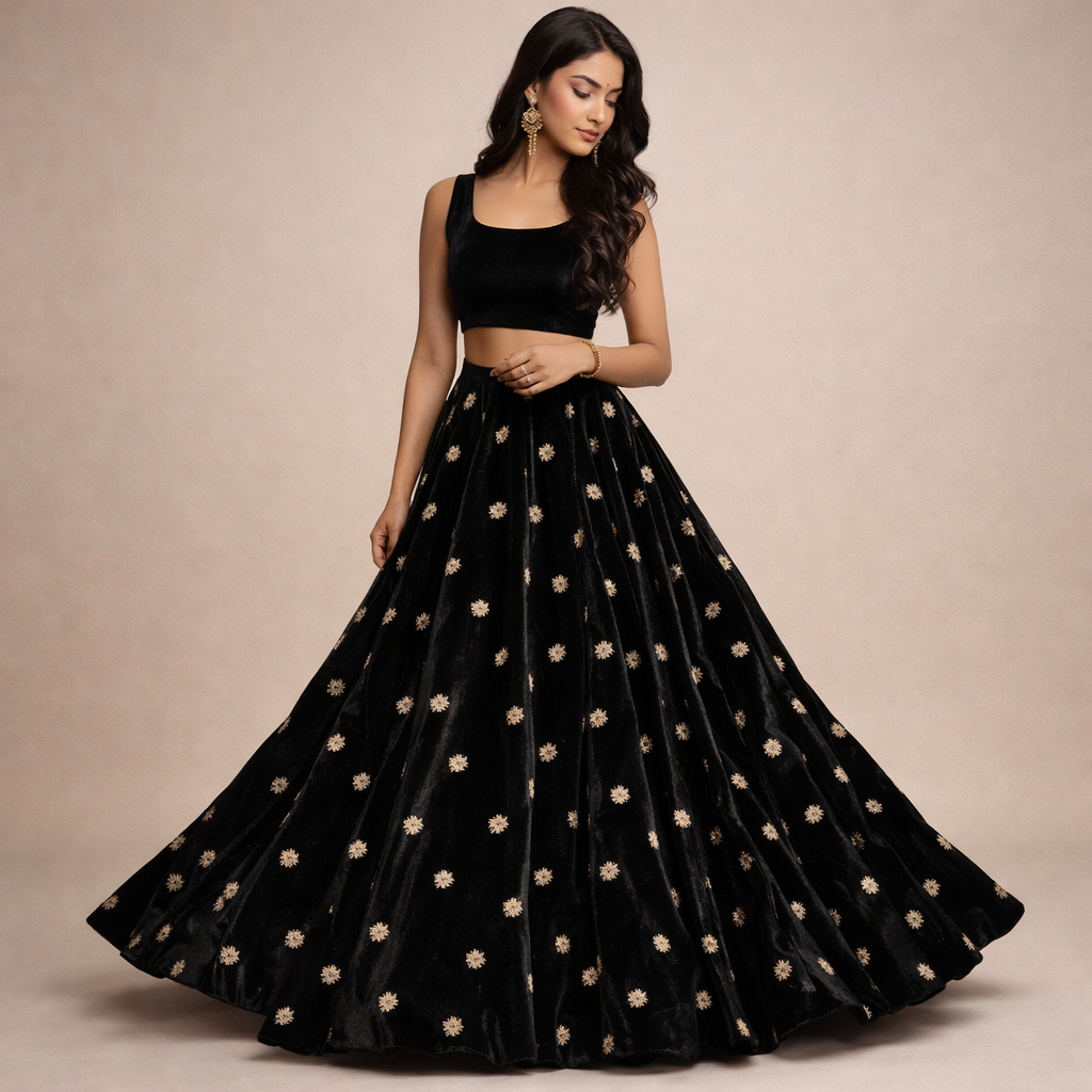 Black Star Embroidery Fabric – Designer Embroidered Fabric for Lehenga, Blouse & Kurti – 44 Inch Width – 1 Meter