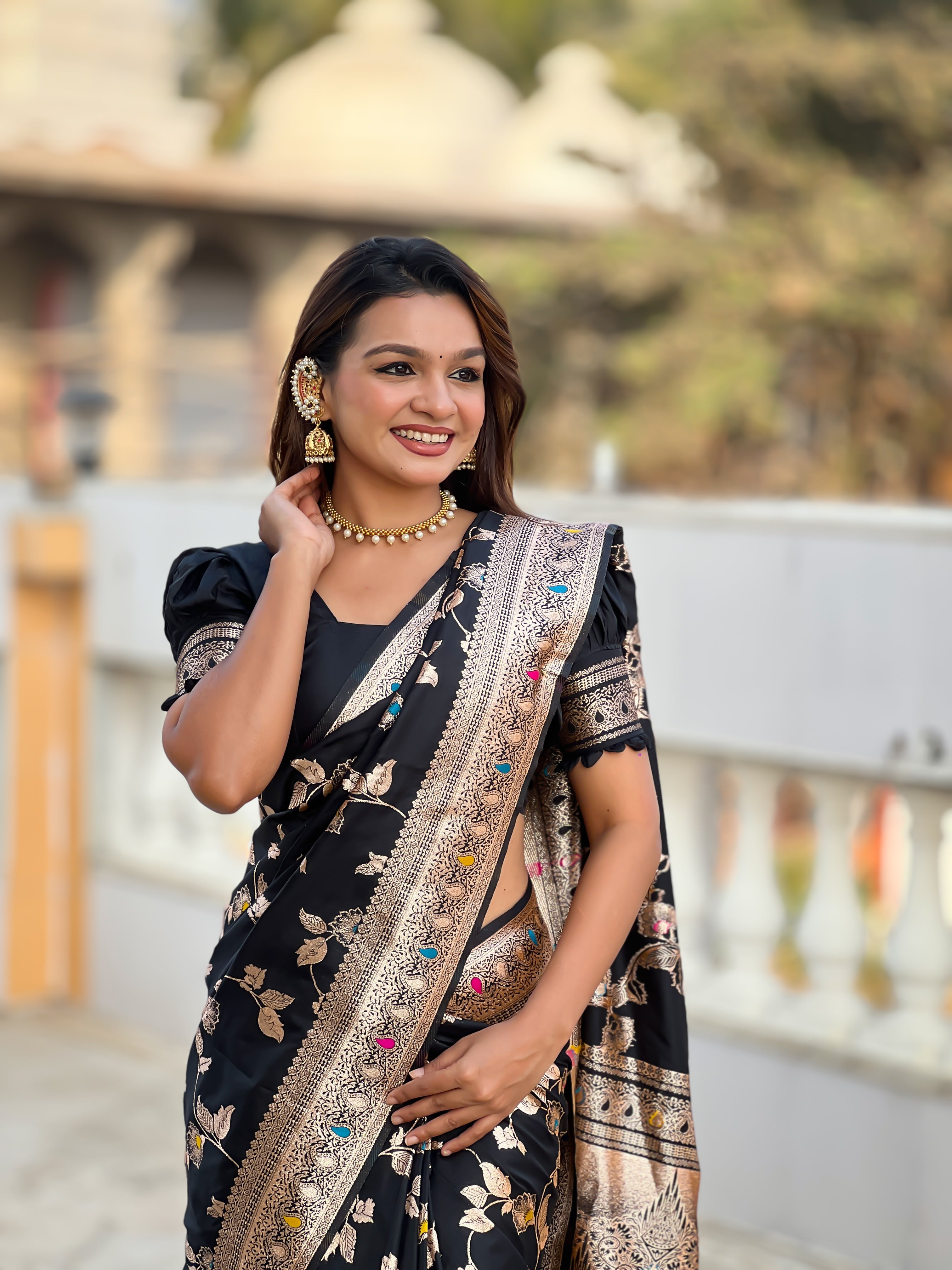 soft banarasi silk saree with zari weaving and meenakari design rich pallu and woven border