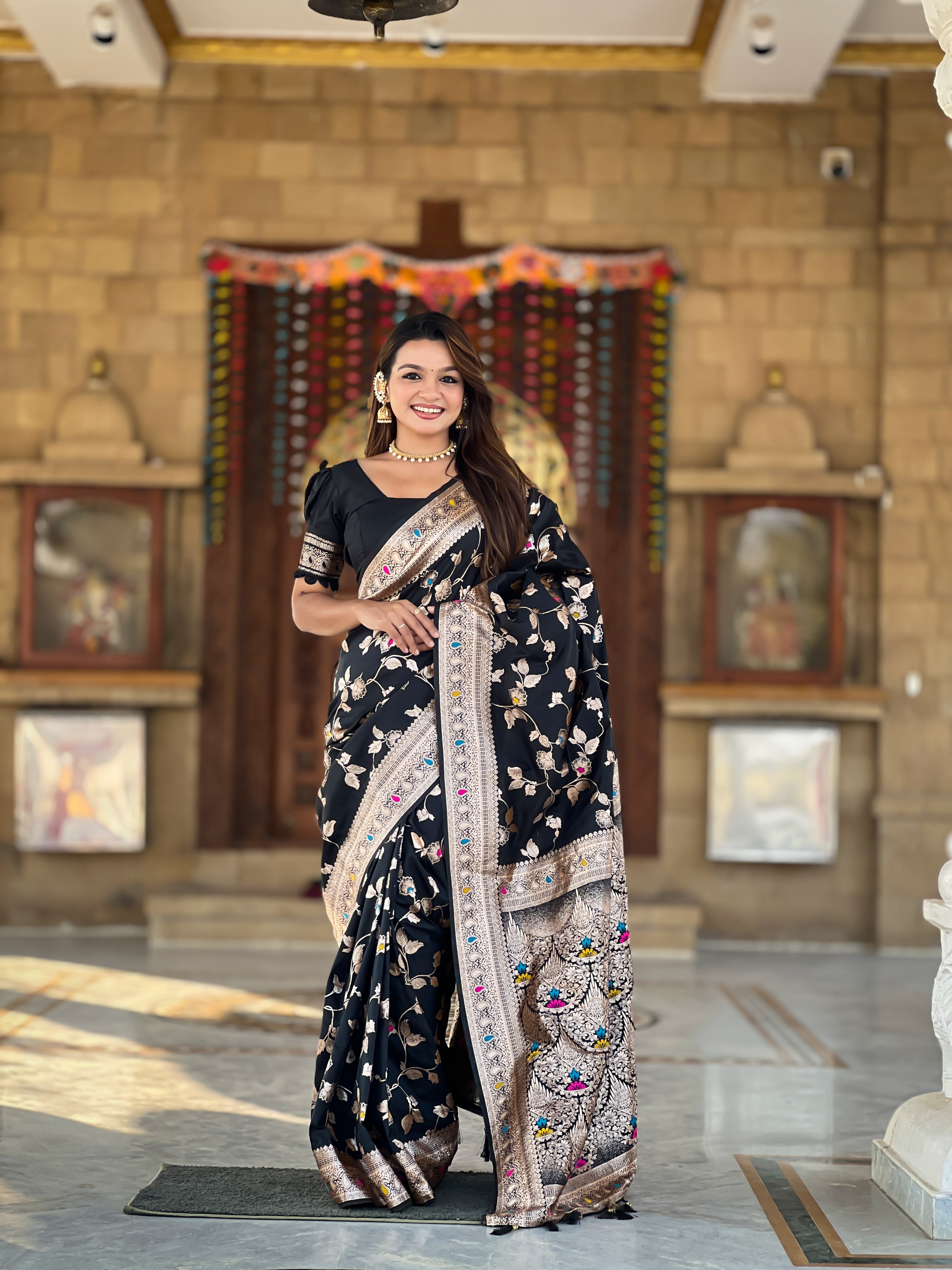soft banarasi silk saree with zari weaving and meenakari design rich pallu and woven border