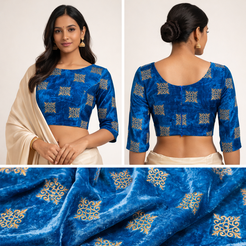Sky Blue Kite Embroidery Velvet Fabric – Designer Work | 1 Meter