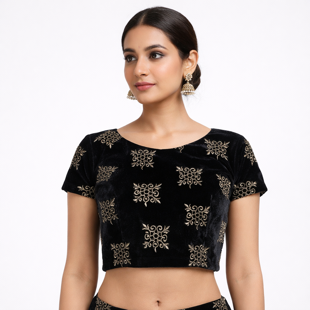 Black Kite Embroidery Velvet Fabric – Designer Work | 1 Meter