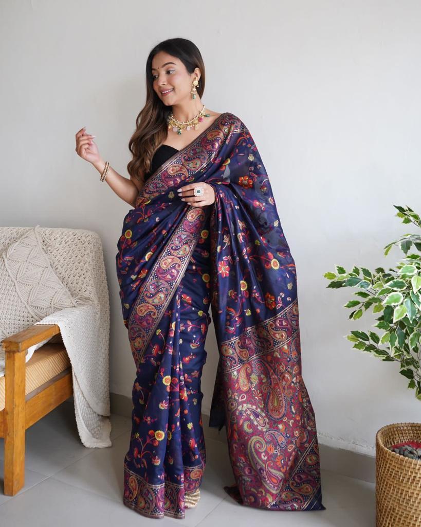 WeaveSaree Kashmiri Pashmina Kachi Work Silk Saree with Multi-Color Thread and Pure Zari Work, Rich Pallu, and Matching Blouse