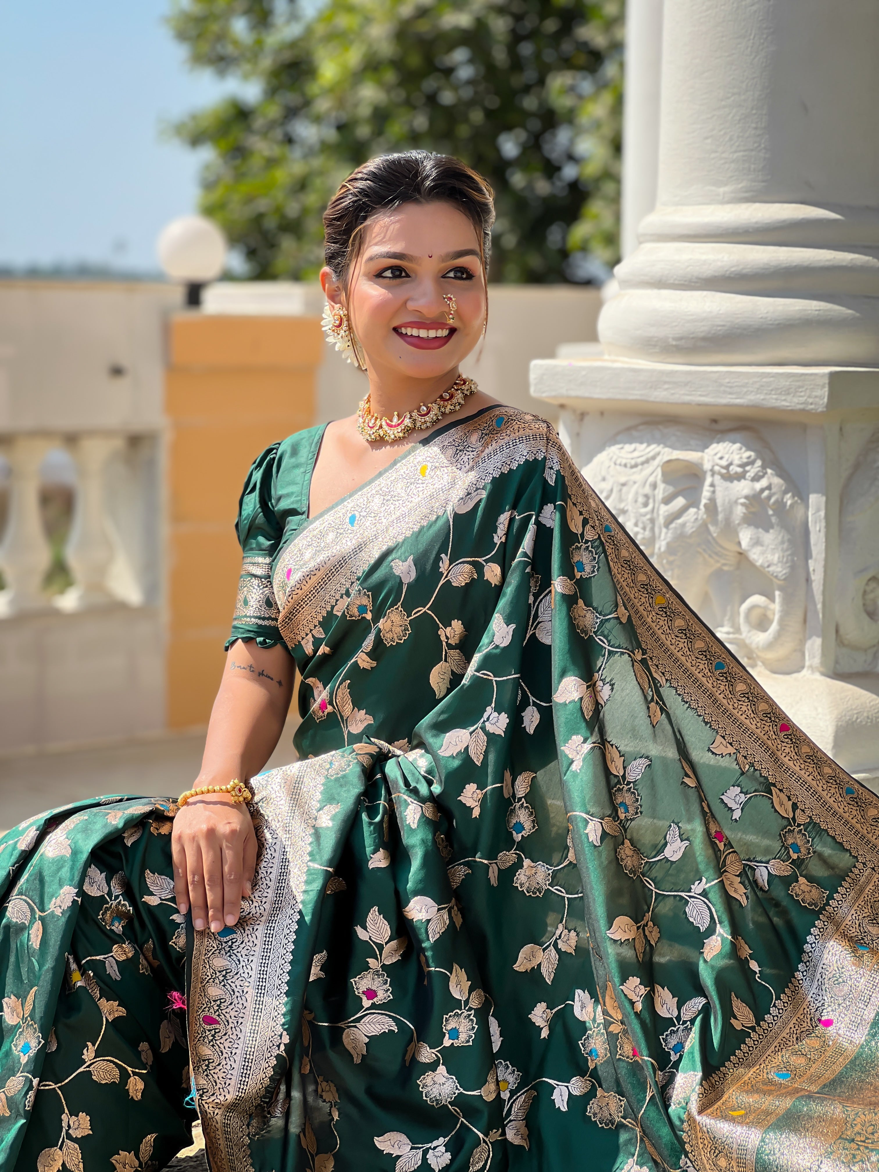 soft banarasi silk saree with zari weaving and meenakari design rich pallu and woven border