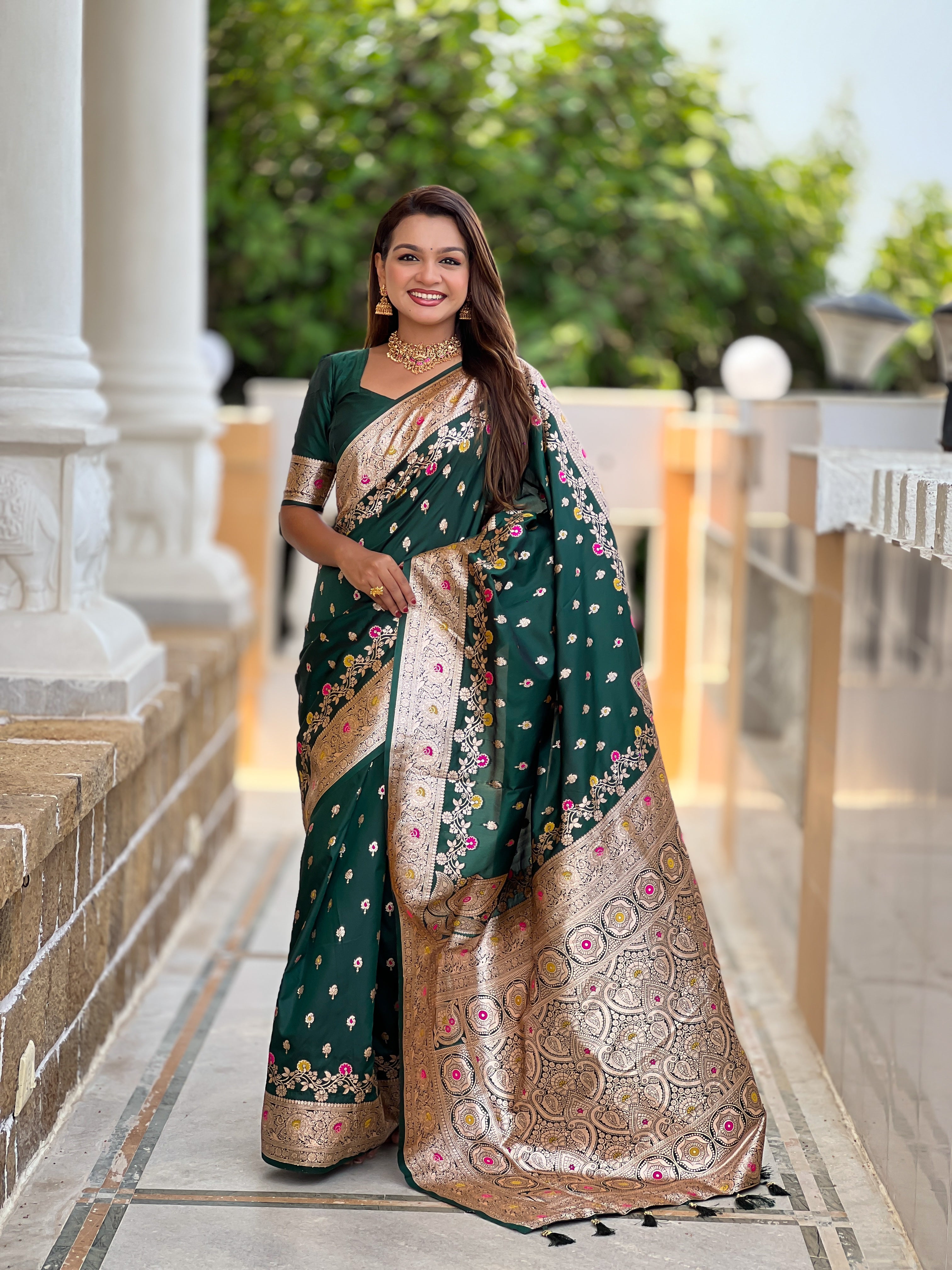 Soft Banarasi Silk Saree; Pure Silk Zari Weaving Saree; Traditional Meenakari Work Banarasi Sari; Rich Woven Pallu; Tassels on Pallu; Matching Soft Silk Woven Blouse Piece
