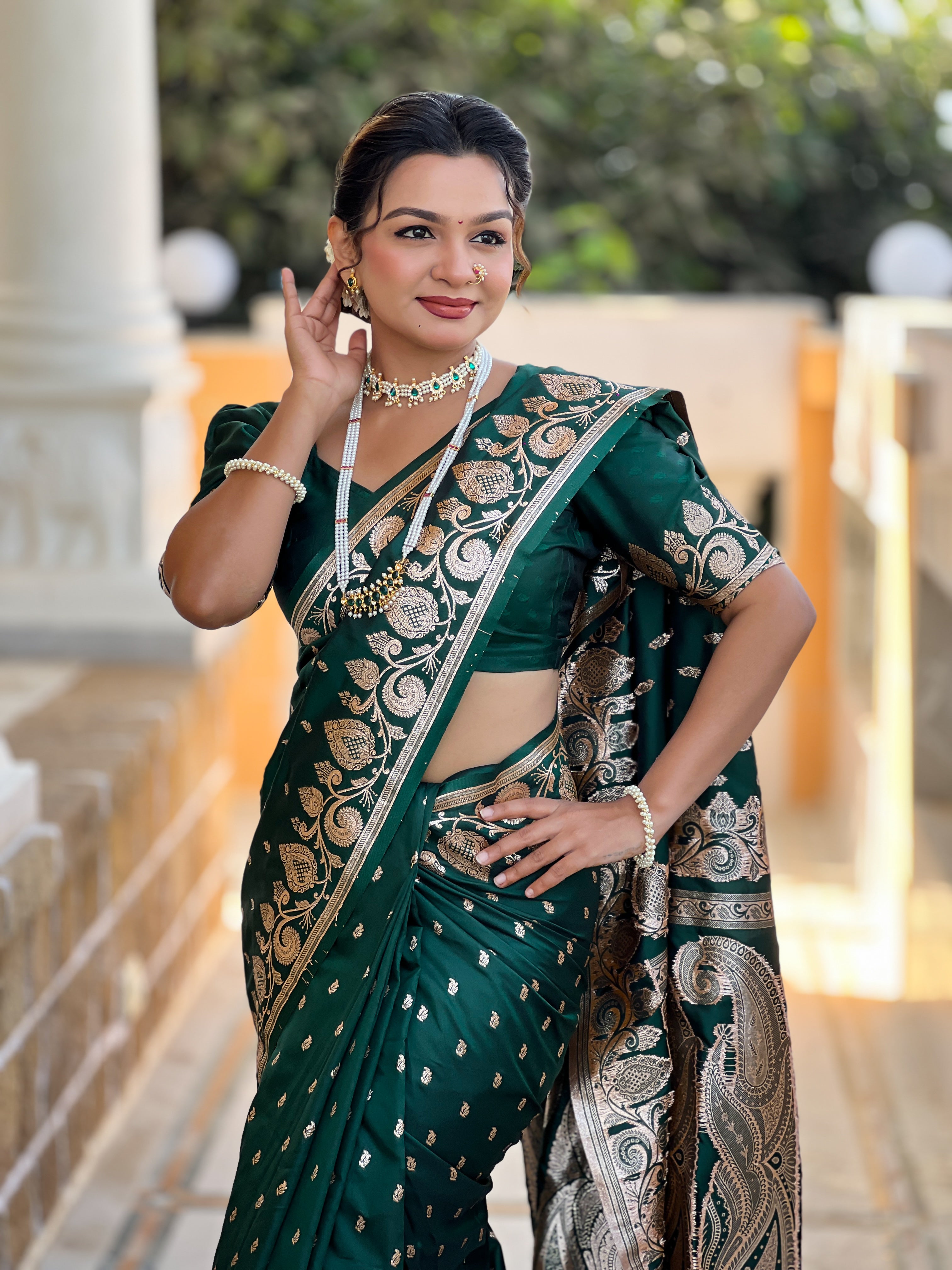 Soft Banarasi Silk Saree; Pure Silk Zari Weaving Saree; Rich Zari Pallu with Meenakari Border; Traditional Banarasi Sari with Tassels; Matching Soft Silk Woven Blouse Piece