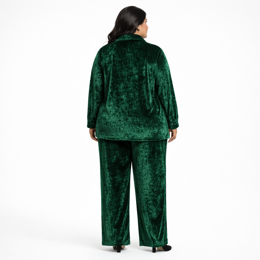 Green Solid Velvet Plus Size Pant Shirt Co-Ord Set for Women – 5XL