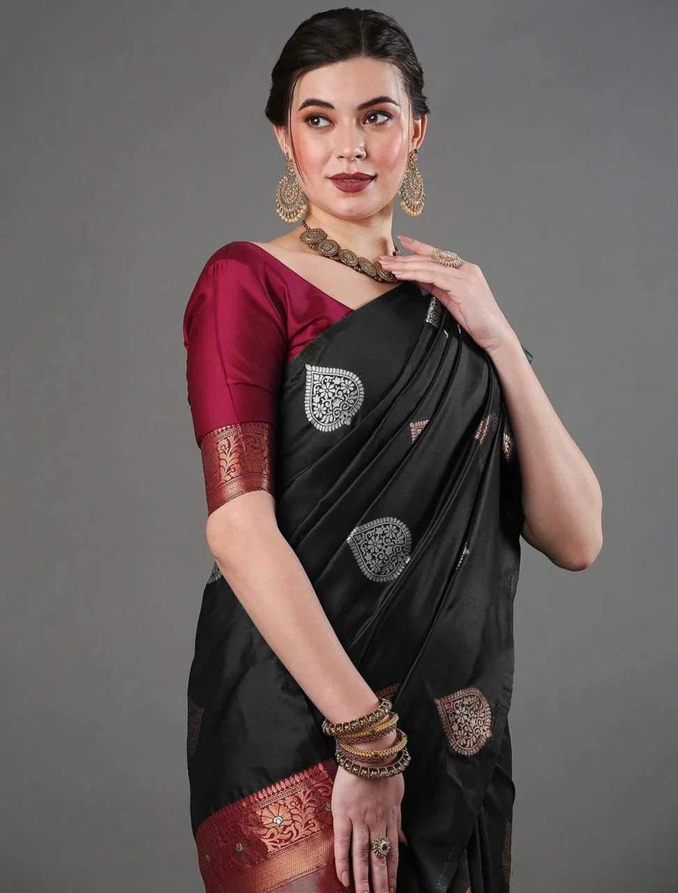 Banarasi Soft Silk Saree with Copper Silver Zari Work – Traditional Indian Saree for Wedding & Festive Wear