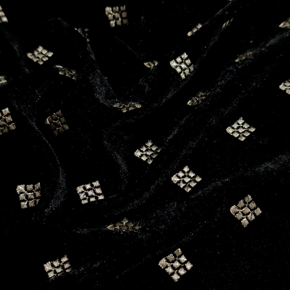 Black Square Embroidery Velvet Fabric – Designer Work | 1 Meter