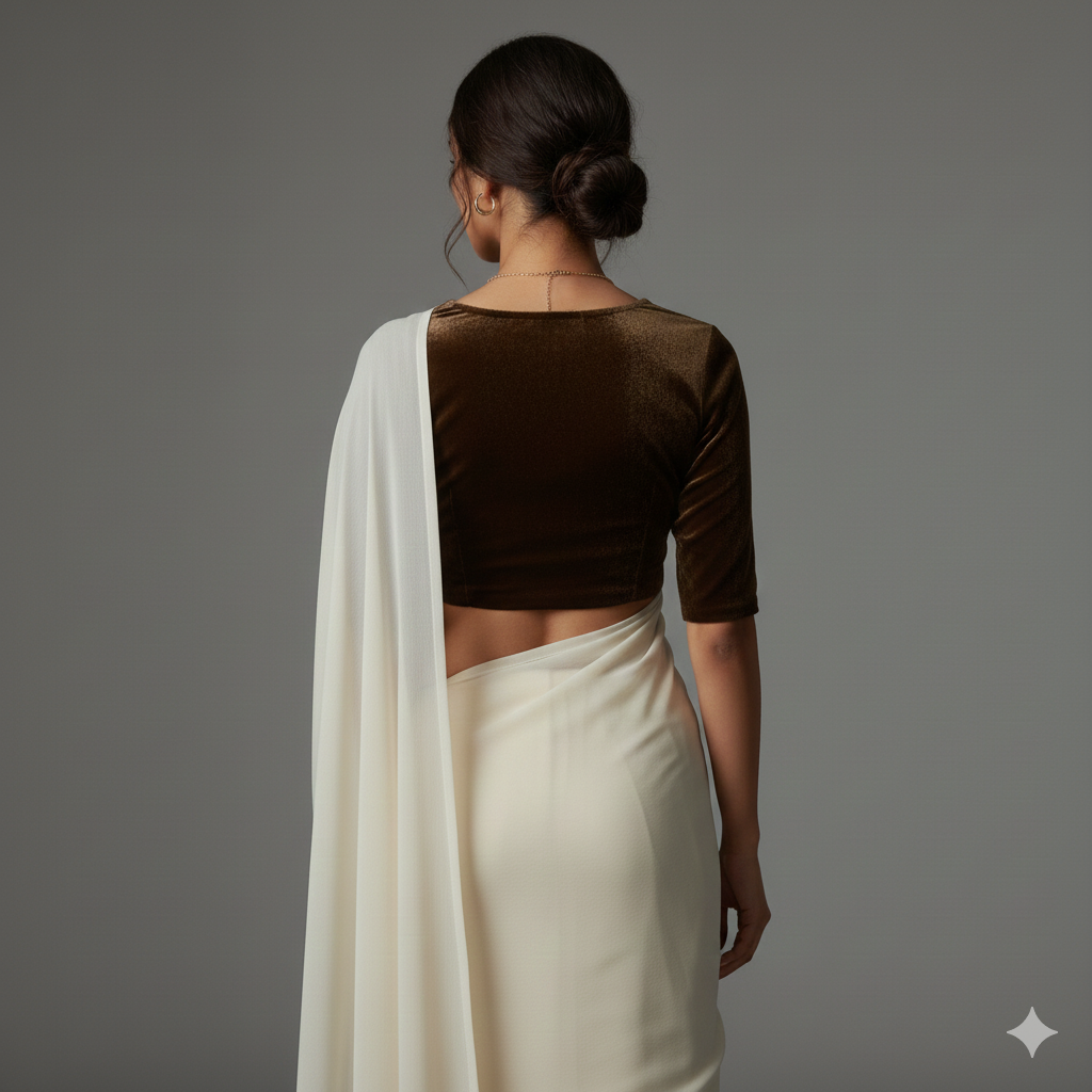 Cream georgette saree paired with coffee velvet blouse for warm elegant contrast