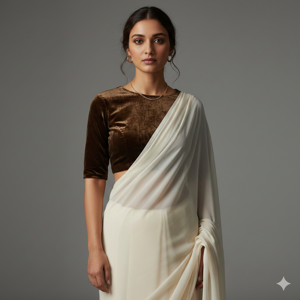 Cream georgette saree paired with coffee velvet blouse for warm elegant contrast