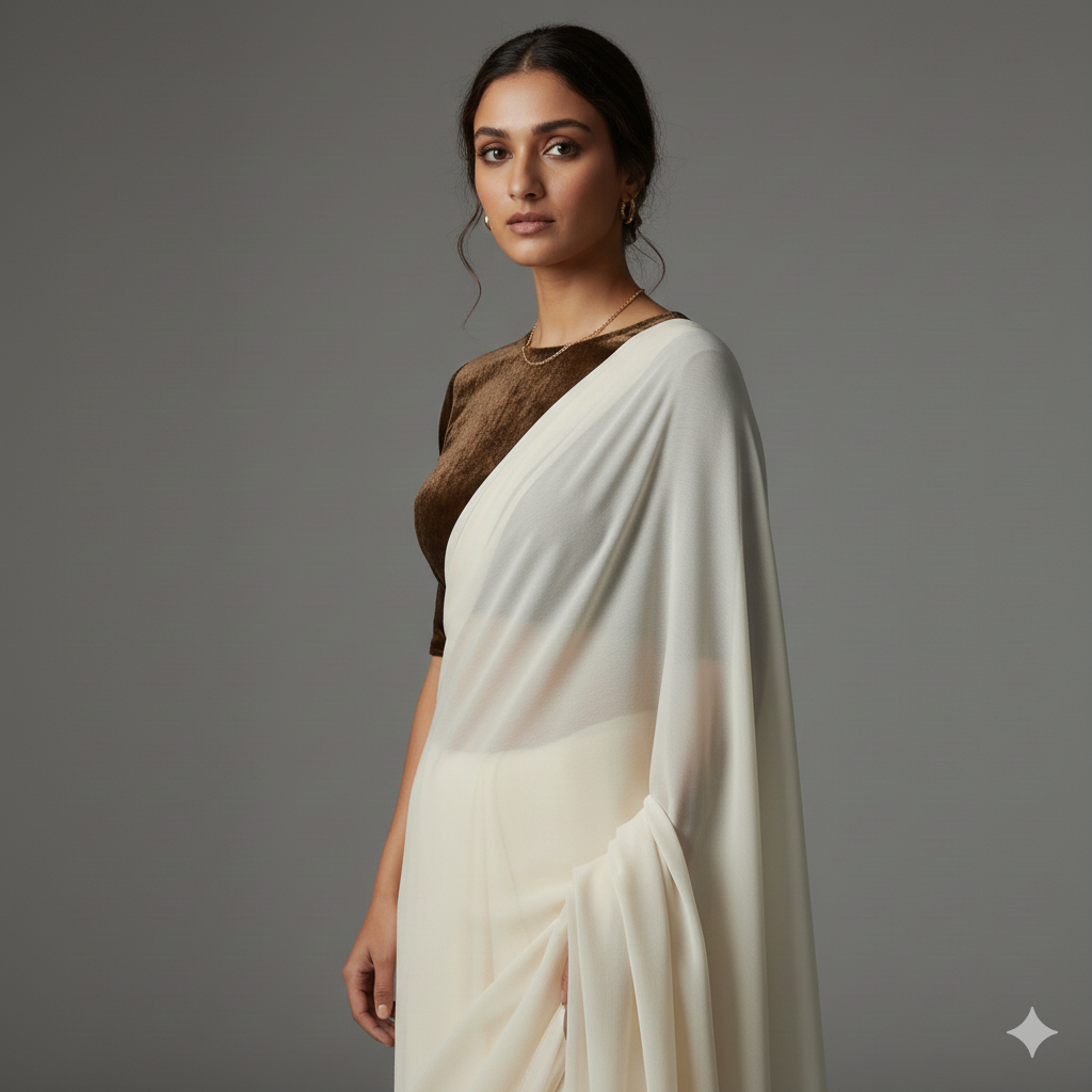 Cream georgette saree paired with coffee velvet blouse for warm elegant contrast