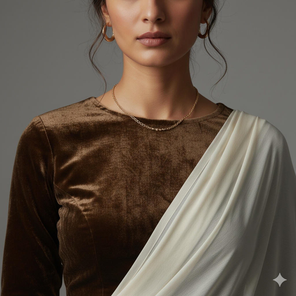 Cream georgette saree paired with coffee velvet blouse for warm elegant contrast
