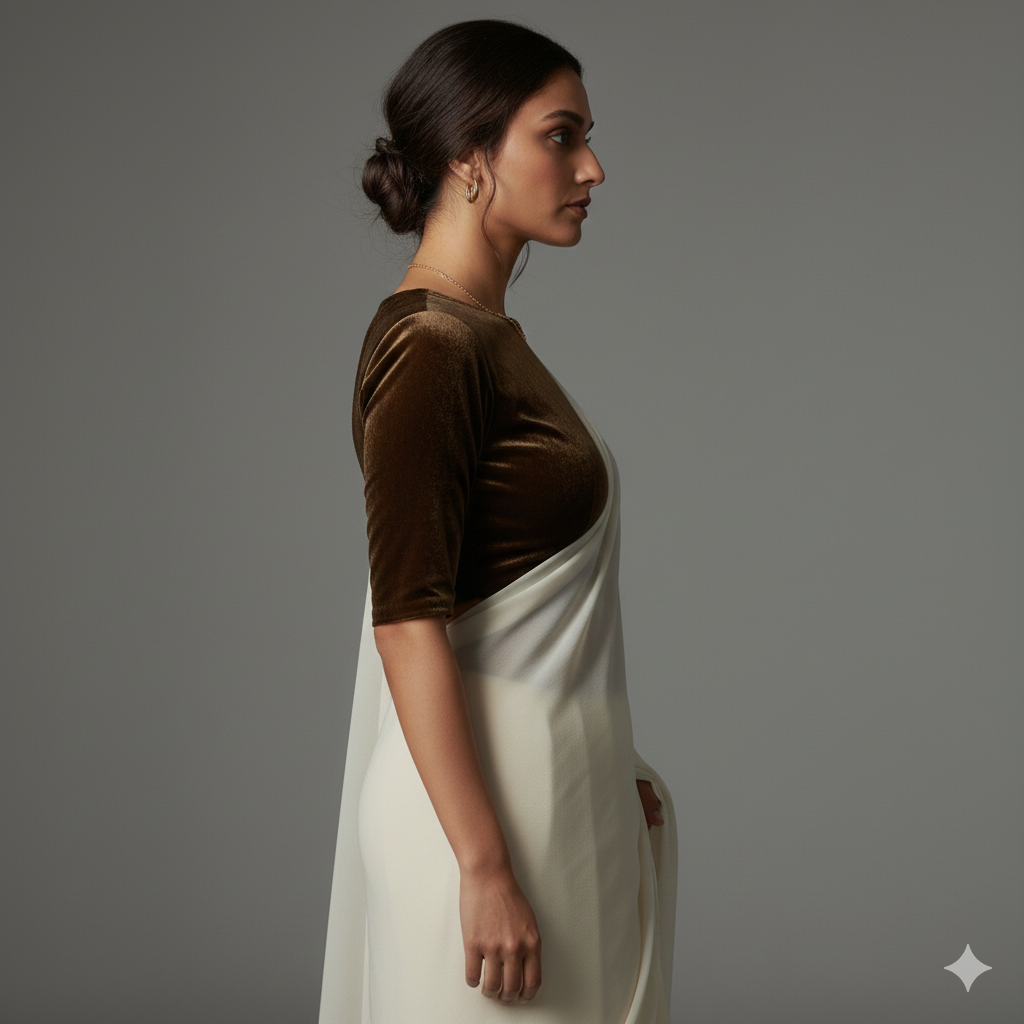 Cream georgette saree paired with coffee velvet blouse for warm elegant contrast