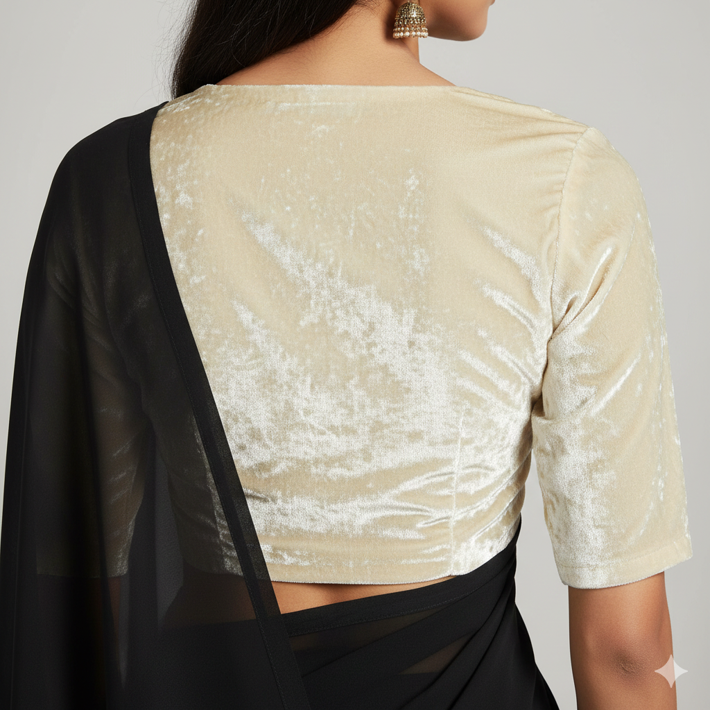Black georgette saree styled with cream velvet blouse for elegant contrast look