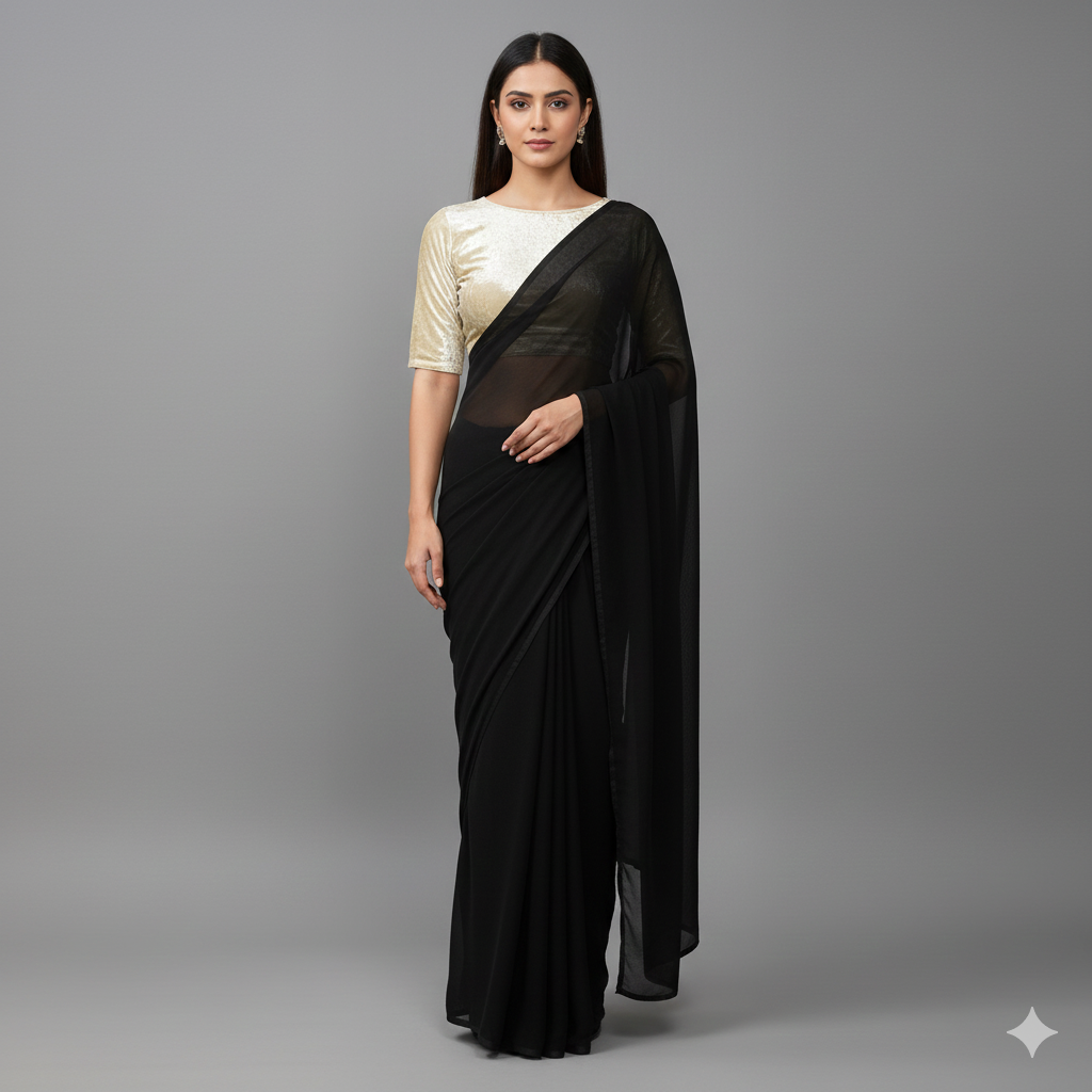Black georgette saree styled with cream velvet blouse for elegant contrast look