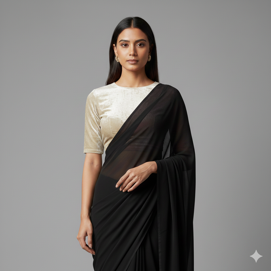 Black georgette saree styled with cream velvet blouse for elegant contrast look